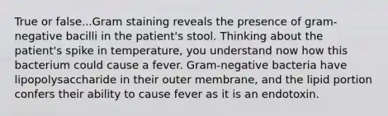 True or false...Gram staining reveals the presence of gram-negative bacilli in the patient's stool. Thinking about the patient's spike in temperature, you understand now how this bacterium could cause a fever. Gram-negative bacteria have lipopolysaccharide in their outer membrane, and the lipid portion confers their ability to cause fever as it is an endotoxin.