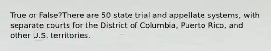 True or False?There are 50 state trial and appellate systems, with separate courts for the District of Columbia, Puerto Rico, and other U.S. territories.