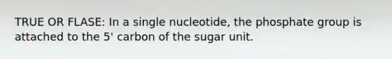 TRUE OR FLASE: In a single nucleotide, the phosphate group is attached to the 5' carbon of the sugar unit.