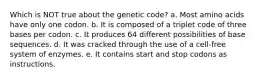 Which is NOT true about the genetic code? a. Most amino acids have only one codon. b. It is composed of a triplet code of three bases per codon. c. It produces 64 different possibilities of base sequences. d. It was cracked through the use of a cell-free system of enzymes. e. It contains start and stop codons as instructions.