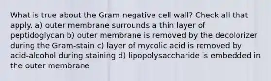 What is true about the Gram-negative cell wall? Check all that apply. a) outer membrane surrounds a thin layer of peptidoglycan b) outer membrane is removed by the decolorizer during the Gram-stain c) layer of mycolic acid is removed by acid-alcohol during staining d) lipopolysaccharide is embedded in the outer membrane