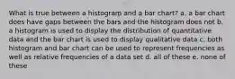 What is true between a histogram and a bar chart? a. a bar chart does have gaps between the bars and the histogram does not b. a histogram is used to display the distribution of quantitative data and the bar chart is used to display qualitative data c. both histogram and bar chart can be used to represent frequencies as well as relative frequencies of a data set d. all of these e. none of these