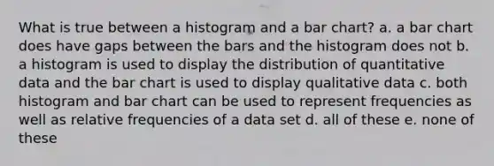 What is true between a histogram and a <a href='https://www.questionai.com/knowledge/kdDMLVsZUp-bar-chart' class='anchor-knowledge'>bar chart</a>? a. a bar chart does have gaps between the bars and the histogram does not b. a histogram is used to display the distribution of quantitative data and the bar chart is used to display qualitative data c. both histogram and bar chart can be used to represent frequencies as well as relative frequencies of a data set d. all of these e. none of these