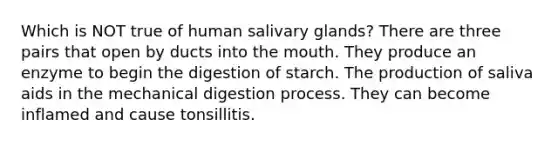 Which is NOT true of human salivary glands? There are three pairs that open by ducts into the mouth. They produce an enzyme to begin the digestion of starch. The production of saliva aids in the mechanical digestion process. They can become inflamed and cause tonsillitis.