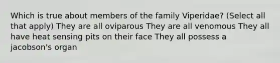 Which is true about members of the family Viperidae? (Select all that apply) They are all oviparous They are all venomous They all have heat sensing pits on their face They all possess a jacobson's organ