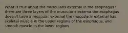 What is true about the muscularis external in the esophagus? there are three layers of the muscularis externa the esophagus doesn't have a muscular external the muscularis external has skeletal muscle in the upper regions of the esophagus, and smooth muscle in the lower regions