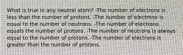 What is true in any neutral atom? -The number of electrons is less than the number of protons. -The number of electrons is equal to the number of neutrons. -The number of electrons equals the number of protons. -The number of neutrons is always equal to the number of protons. -The number of electrons is greater than the number of protons.