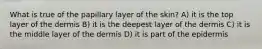 What is true of the papillary layer of the skin? A) it is the top layer of the dermis B) it is the deepest layer of the dermis C) it is the middle layer of the dermis D) it is part of the epidermis