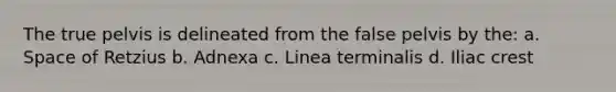 The true pelvis is delineated from the false pelvis by the: a. Space of Retzius b. Adnexa c. Linea terminalis d. Iliac crest