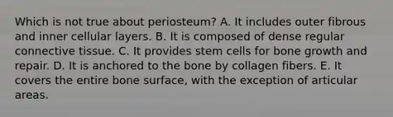 Which is not true about periosteum? A. It includes outer fibrous and inner cellular layers. B. It is composed of dense regular connective tissue. C. It provides stem cells for bone growth and repair. D. It is anchored to the bone by collagen fibers. E. It covers the entire bone surface, with the exception of articular areas.