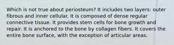 Which is not true about periosteum? It includes two layers: outer fibrous and inner cellular. It is composed of dense regular <a href='https://www.questionai.com/knowledge/kYDr0DHyc8-connective-tissue' class='anchor-knowledge'>connective tissue</a>. It provides stem cells for <a href='https://www.questionai.com/knowledge/ki4t7AlC39-bone-growth' class='anchor-knowledge'>bone growth</a> and repair. It is anchored to the bone by collagen fibers. It covers the entire bone surface, with the exception of articular areas.