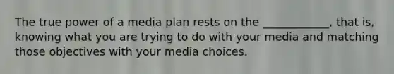 The true power of a media plan rests on the ____________, that is, knowing what you are trying to do with your media and matching those objectives with your media choices.