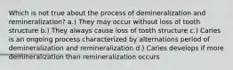 Which is not true about the process of demineralization and remineralization? a.) They may occur without loss of tooth structure b.) They always cause loss of tooth structure c.) Caries is an ongoing process characterized by alternations period of demineralization and remineralization d.) Caries develops if more demineralization than remineralization occurs