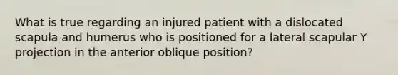 What is true regarding an injured patient with a dislocated scapula and humerus who is positioned for a lateral scapular Y projection in the anterior oblique position?