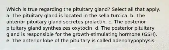 Which is true regarding the pituitary gland? Select all that apply. a. The pituitary gland is located in the sella turcica. b. The anterior pituitary gland secretes prolactin. c. The posterior pituitary gland synthesizes oxytocin. d. The posterior pituitary gland is responsible for the growth-stimulating hormone (GSH). e. The anterior lobe of the pituitary is called adenohypophysis.