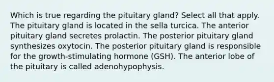 Which is true regarding the pituitary gland? Select all that apply. The pituitary gland is located in the sella turcica. The anterior pituitary gland secretes prolactin. The posterior pituitary gland synthesizes oxytocin. The posterior pituitary gland is responsible for the growth-stimulating hormone (GSH). The anterior lobe of the pituitary is called adenohypophysis.