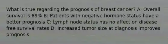 What is true regarding the prognosis of breast cancer? A: Overall survival is 89% B: Patients with negative hormone status have a better prognosis C: Lymph node status has no affect on disease free survival rates D: Increased tumor size at diagnosis improves prognosis