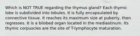 Which is NOT TRUE regarding the thymus gland? Each thymic lobe is subdivided into lobules. It is fully encapsulated by <a href='https://www.questionai.com/knowledge/kYDr0DHyc8-connective-tissue' class='anchor-knowledge'>connective tissue</a>. It reaches its maximum size at puberty, then regresses. It is a bilobed organ located in the mediastinum. Its thymic corpuscles are the site of T-lymphocyte maturation.