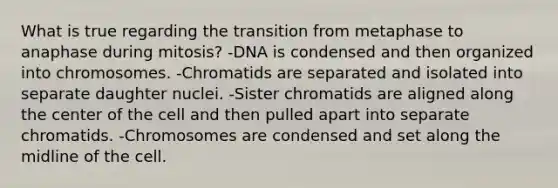 What is true regarding the transition from metaphase to anaphase during mitosis? -DNA is condensed and then organized into chromosomes. -Chromatids are separated and isolated into separate daughter nuclei. -Sister chromatids are aligned along the center of the cell and then pulled apart into separate chromatids. -Chromosomes are condensed and set along the midline of the cell.