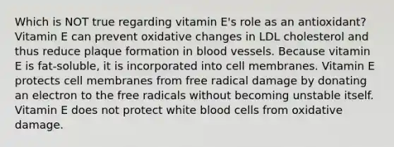 Which is NOT true regarding vitamin E's role as an antioxidant? Vitamin E can prevent oxidative changes in LDL cholesterol and thus reduce plaque formation in blood vessels. Because vitamin E is fat-soluble, it is incorporated into cell membranes. Vitamin E protects cell membranes from free radical damage by donating an electron to the free radicals without becoming unstable itself. Vitamin E does not protect white blood cells from oxidative damage.