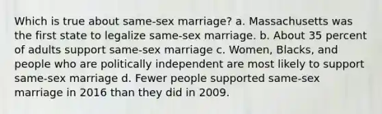 Which is true about same-sex marriage? a. Massachusetts was the first state to legalize same-sex marriage. b. About 35 percent of adults support same-sex marriage c. Women, Blacks, and people who are politically independent are most likely to support same-sex marriage d. Fewer people supported same-sex marriage in 2016 than they did in 2009.