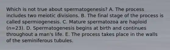 Which is not true about spermatogenesis? A. The process includes two meiotic divisions. B. The final stage of the process is called spermiogenesis. C. Mature spermatozoa are haploid (n=23). D. Spermatogenesis begins at birth and continues throughout a man's life. E. The process takes place in the walls of the seminiferous tubules.