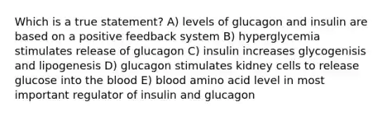 Which is a true statement? A) levels of glucagon and insulin are based on a positive feedback system B) hyperglycemia stimulates release of glucagon C) insulin increases glycogenisis and lipogenesis D) glucagon stimulates kidney cells to release glucose into the blood E) blood amino acid level in most important regulator of insulin and glucagon