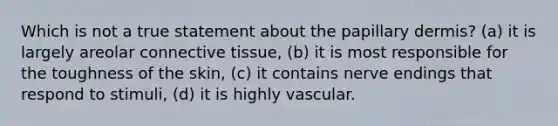 Which is not a true statement about the papillary dermis? (a) it is largely areolar connective tissue, (b) it is most responsible for the toughness of the skin, (c) it contains nerve endings that respond to stimuli, (d) it is highly vascular.