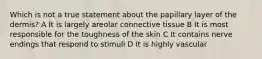 Which is not a true statement about the papillary layer of the dermis? A It is largely areolar connective tissue B It is most responsible for the toughness of the skin C It contains nerve endings that respond to stimuli D It is highly vascular