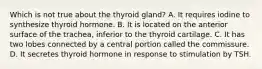 Which is not true about the thyroid gland? A. It requires iodine to synthesize thyroid hormone. B. It is located on the anterior surface of the trachea, inferior to the thyroid cartilage. C. It has two lobes connected by a central portion called the commissure. D. It secretes thyroid hormone in response to stimulation by TSH.