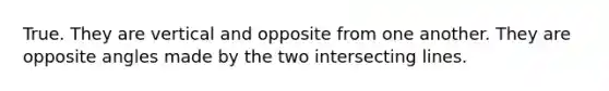 True. They are vertical and opposite from one another. They are opposite angles made by the two <a href='https://www.questionai.com/knowledge/kM1MklsokQ-intersecting-lines' class='anchor-knowledge'>intersecting lines</a>.