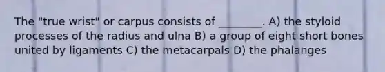 The "true wrist" or carpus consists of ________. A) the styloid processes of the radius and ulna B) a group of eight short bones united by ligaments C) the metacarpals D) the phalanges