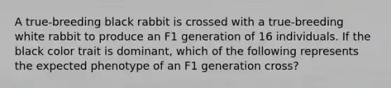 A true-breeding black rabbit is crossed with a true-breeding white rabbit to produce an F1 generation of 16 individuals. If the black color trait is dominant, which of the following represents the expected phenotype of an F1 generation cross?