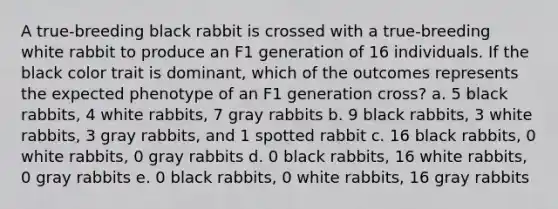 A true-breeding black rabbit is crossed with a true-breeding white rabbit to produce an F1 generation of 16 individuals. If the black color trait is dominant, which of the outcomes represents the expected phenotype of an F1 generation cross? a. 5 black rabbits, 4 white rabbits, 7 gray rabbits b. 9 black rabbits, 3 white rabbits, 3 gray rabbits, and 1 spotted rabbit c. 16 black rabbits, 0 white rabbits, 0 gray rabbits d. 0 black rabbits, 16 white rabbits, 0 gray rabbits e. 0 black rabbits, 0 white rabbits, 16 gray rabbits