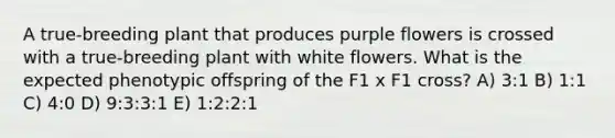 A true‐breeding plant that produces purple flowers is crossed with a true‐breeding plant with white flowers. What is the expected phenotypic offspring of the F1 x F1 cross? A) 3:1 B) 1:1 C) 4:0 D) 9:3:3:1 E) 1:2:2:1