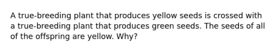 A true-breeding plant that produces yellow seeds is crossed with a true-breeding plant that produces green seeds. The seeds of all of the offspring are yellow. Why?