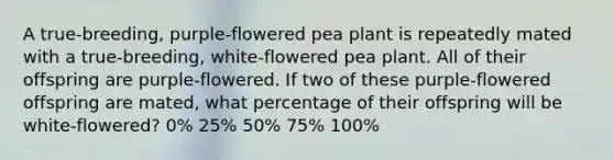 A true-breeding, purple-flowered pea plant is repeatedly mated with a true-breeding, white-flowered pea plant. All of their offspring are purple-flowered. If two of these purple-flowered offspring are mated, what percentage of their offspring will be white-flowered? 0% 25% 50% 75% 100%