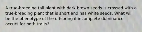 A true-breeding tall plant with dark brown seeds is crossed with a true-breeding plant that is short and has white seeds. What will be the phenotype of the offspring if incomplete dominance occurs for both traits?