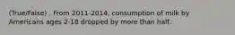 (True/False) . From 2011-2014, consumption of milk by Americans ages 2-18 dropped by more than half.