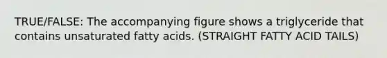 TRUE/FALSE: The accompanying figure shows a triglyceride that contains unsaturated fatty acids. (STRAIGHT FATTY ACID TAILS)