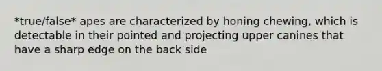 *true/false* apes are characterized by honing chewing, which is detectable in their pointed and projecting upper canines that have a sharp edge on the back side