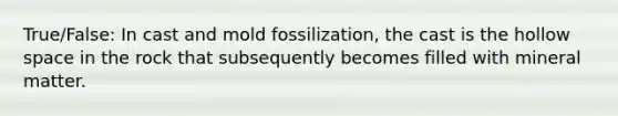 True/False: In cast and mold fossilization, the cast is the hollow space in the rock that subsequently becomes filled with mineral matter.