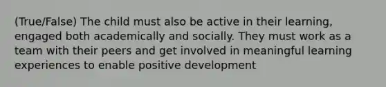 (True/False) The child must also be active in their learning, engaged both academically and socially. They must work as a team with their peers and get involved in meaningful learning experiences to enable positive development