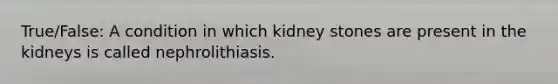 True/False: A condition in which kidney stones are present in the kidneys is called nephrolithiasis.