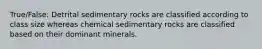 True/False: Detrital sedimentary rocks are classified according to class size whereas chemical sedimentary rocks are classified based on their dominant minerals.