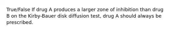 True/False If drug A produces a larger zone of inhibition than drug B on the Kirby-Bauer disk diffusion test, drug A should always be prescribed.