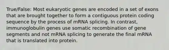 True/False: Most eukaryotic genes are encoded in a set of exons that are brought together to form a contiguous protein coding sequence by the process of mRNA splicing. In contrast, immunoglobulin genes use somatic recombination of gene segments and not mRNA splicing to generate the final mRNA that is translated into protein.