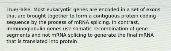 True/False: Most eukaryotic genes are encoded in a set of exons that are brought together to form a contiguous protein coding sequence by the process of mRNA splicing. In contrast, immunoglobulin genes use somatic recombination of gene segments and not mRNA splicing to generate the final mRNA that is translated into protein