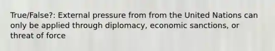 True/False?: External pressure from from the United Nations can only be applied through diplomacy, economic sanctions, or threat of force