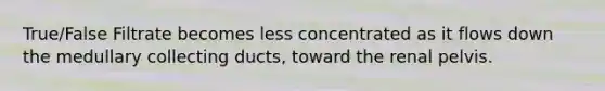 True/False Filtrate becomes less concentrated as it flows down the medullary collecting ducts, toward the renal pelvis.